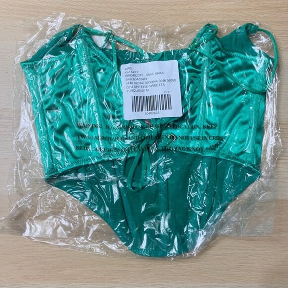Urban Outfitters | Spitfire Sweettalk Cut Out Corset New Medium Green Satin Sexy - Picture 7 of 8